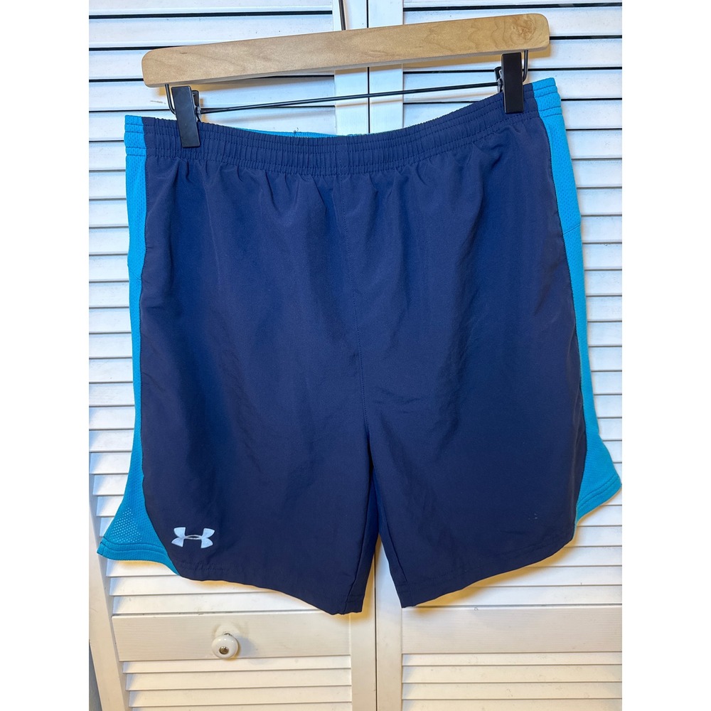 Under Armour Mens HeatGear Running Shorts Navy Teal Mesh Pocket Size Medium